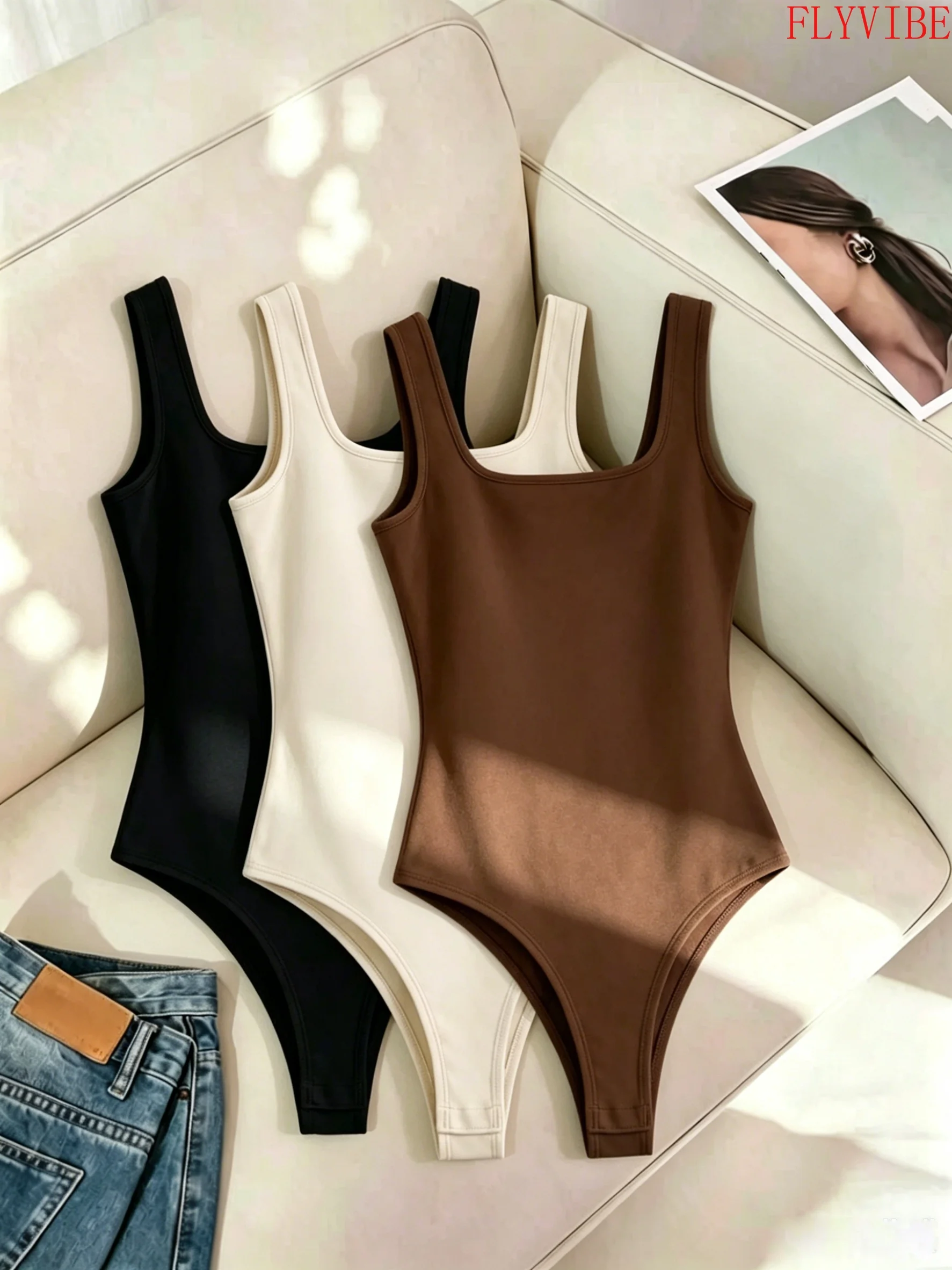 Women 3Pcs Solid Square Neck Bodysuit Wide Strap Stretch Sleeveless Camisole Soft Skin Friendly Body Hugging Inner Outer Wear Daily Commute Vacation Casual Outfit