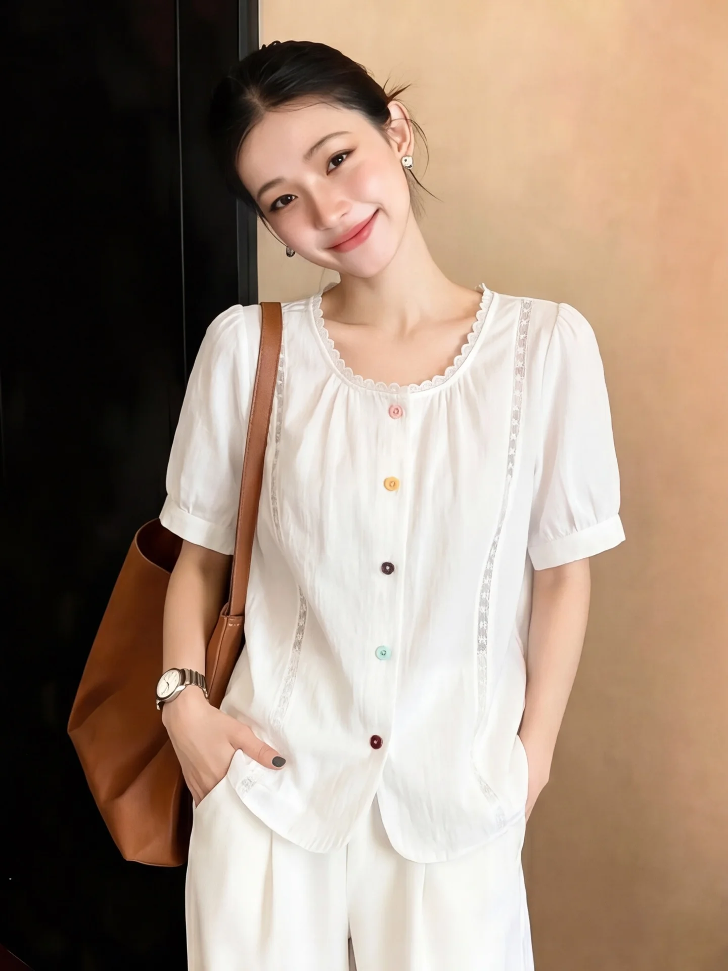 

Elegant Embroidered Lace Trim Bubble Sleeve Shirt Women's Loose Fashionable Top Summer Dopaamine Color Single Button Polyeste...