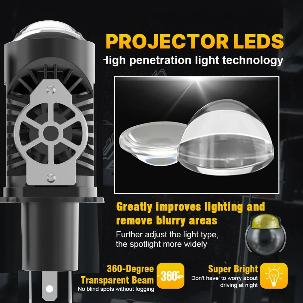 Ampoules de phares de voiture LED avec lentille de projecteur H4, 30000LM 150W CANBUS Turbo, ampoule automatique H4 Led pour moto, ampoule haute et basse 12V 24V 6500K