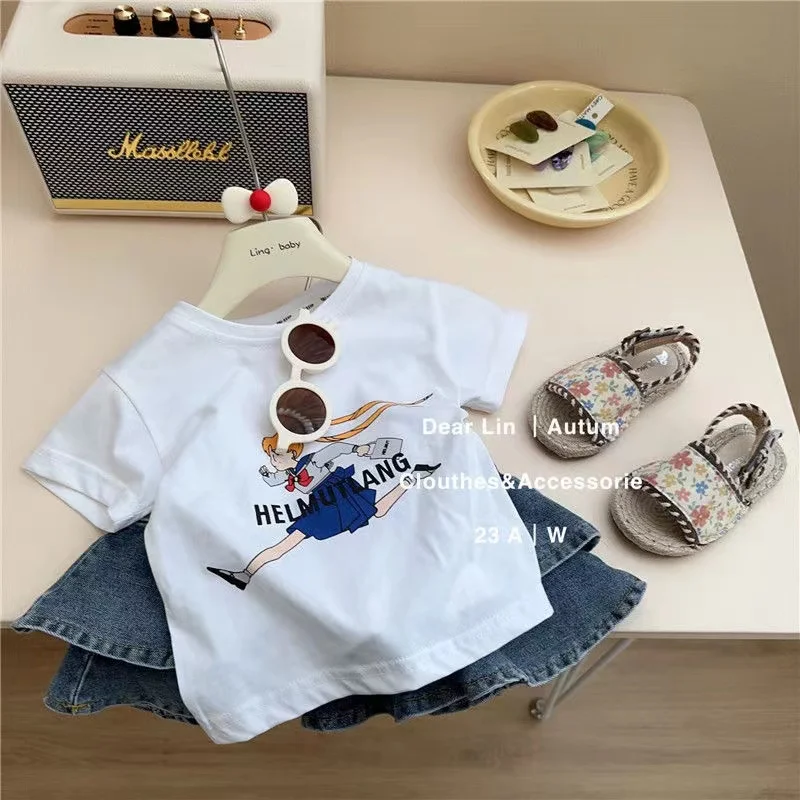 Korean Children\'s Clothing Set For Girls 2024 Summer New Sweet Cotton Cartoon Short Sleeve T-shirt Denim Skirt Two Piece Set