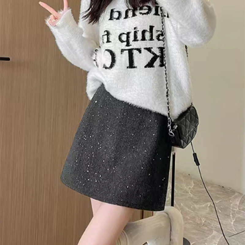 กระโปรงทรงเอไลน์ผู้หญิงแฟชั่นเกาหลี ประดับเลื่อมวิบวับ เอวสูง ทรงเข้ารูป กระโปรงสั้น ผู้หญิง ฤดูใบไม้ร่วง ฤดูหนาว ซิป สีเทา
