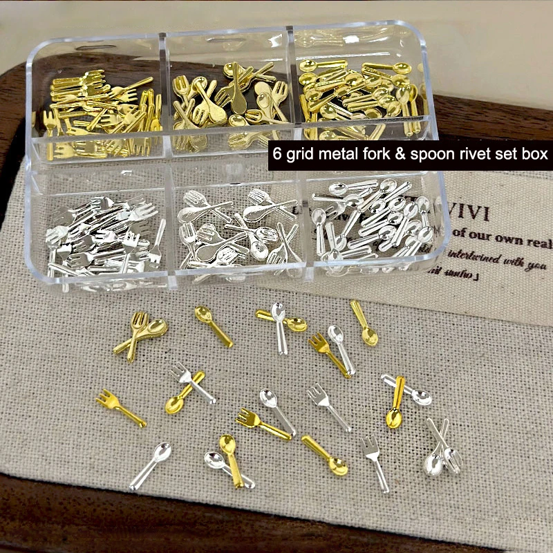 6グリッド/ボックス入りミックスゴールドシルバーミニフォークスプーン食器合金ネイルアートラインストーンデコレーションマニキュアキュアチャームアクセサリー