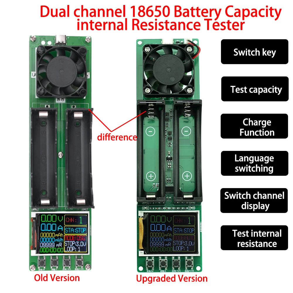 DC 5V 2-channel 18650 Lithium Battery Capacity Tester Internal Resistance Test Module Charge/Discharge Test with LED Display
