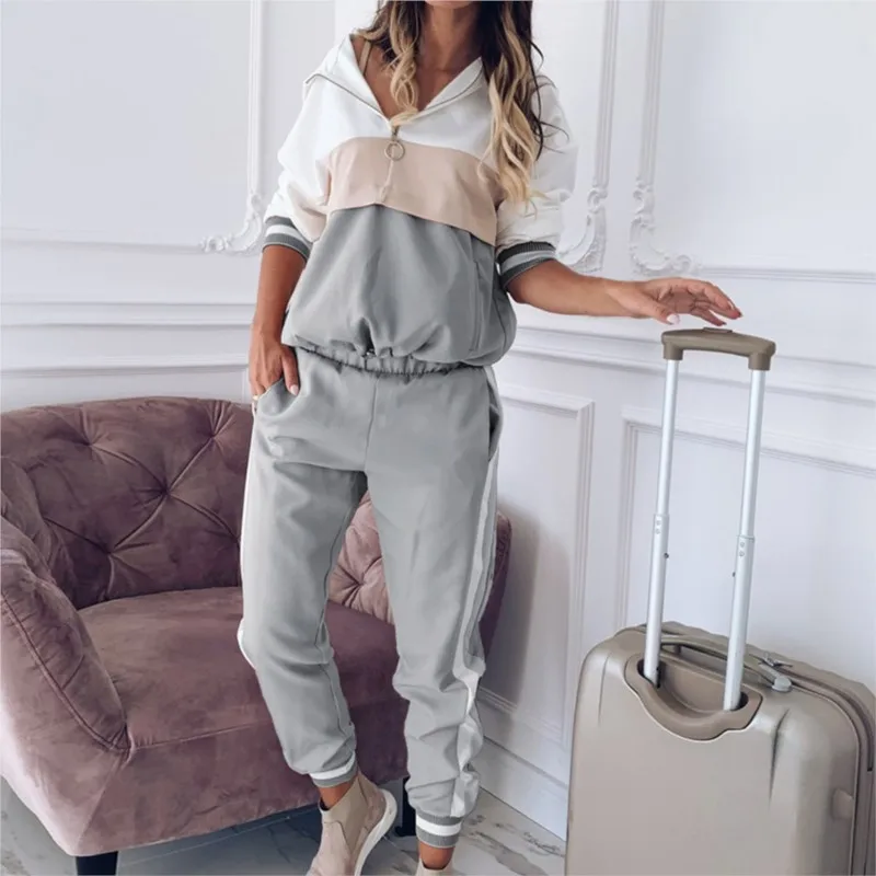 

Sporty Suits For Women 2024 Hooded Sweatshirt Trouser Contrast Color Suit Fall Winter 2 Piece Outfits Ladies Fashion Casual Sets