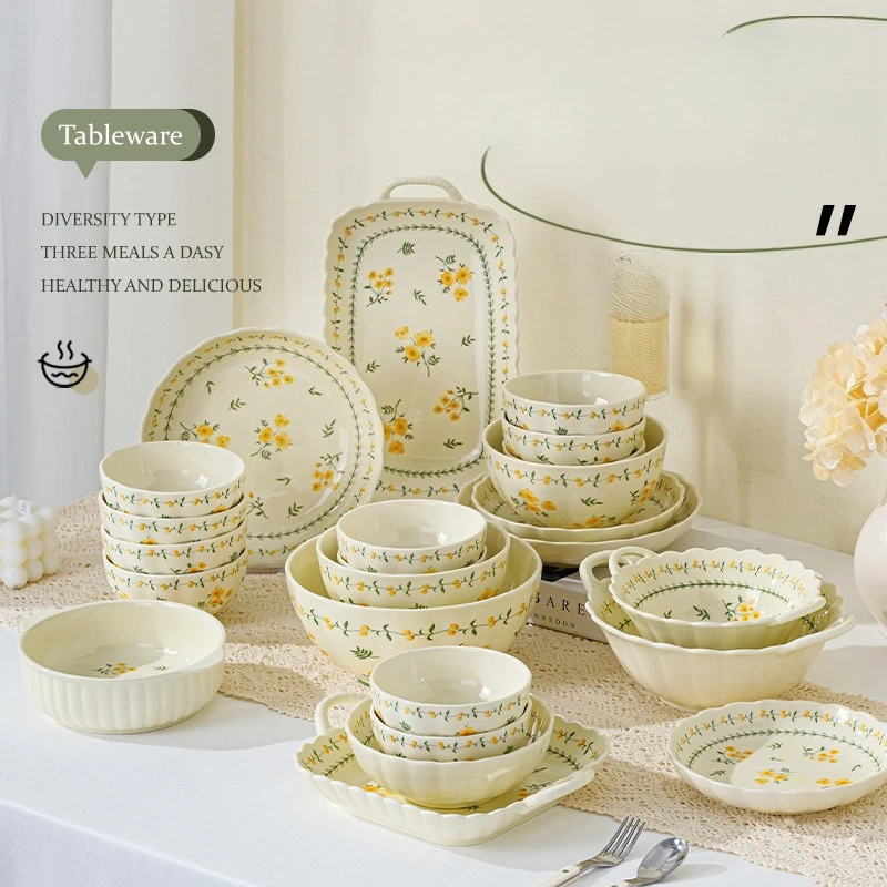 Kitchens Accessories Luxury Ceramic Tableware Set Hotel Plate Household Noodle Bowl Vintage Dinnerware Microwave Oven Bakware