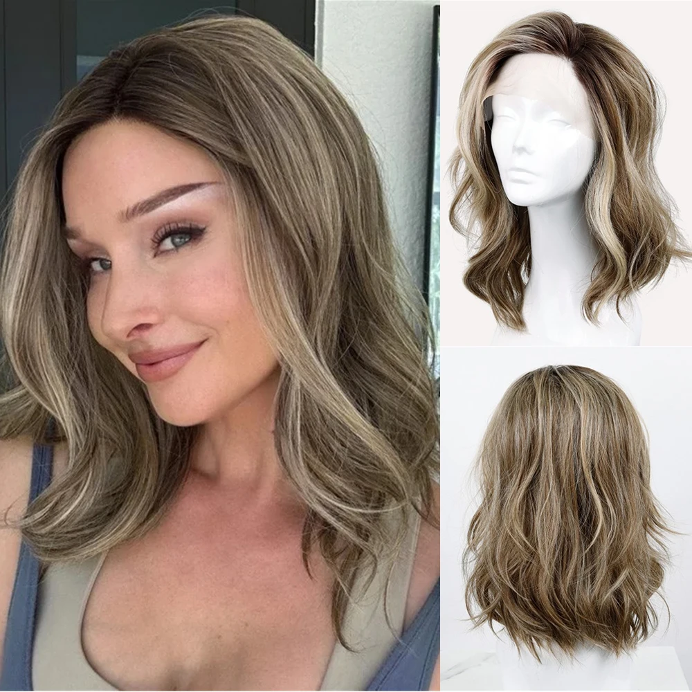 

Mixed Ash Blonde Body Wave Synthetic Wig with Dark Roots Preplucked Hairline Realistic Look Wig Lace Front Wig for Women