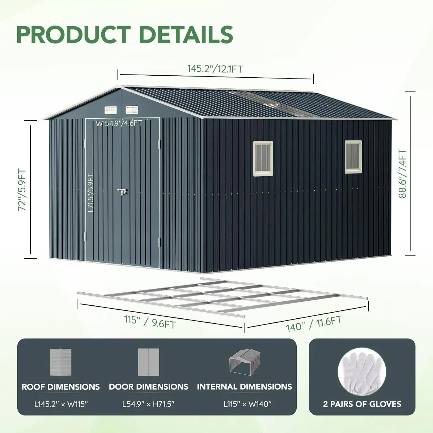 10x12X7.5FT Outdoor Steel Storage Shed with Lockable Doors and Frame Floor, Perfect for Garden, Backyard, and Patio, Custom - view 5