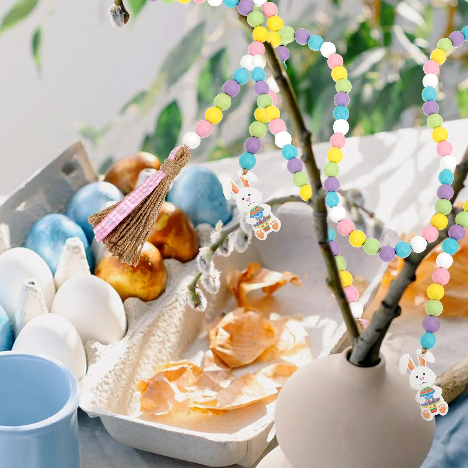 

Creative Wooden Beads Pendant Hanging Decor for Home Office Room Fireplace Window Easter Backdrop Adornment Tassel String