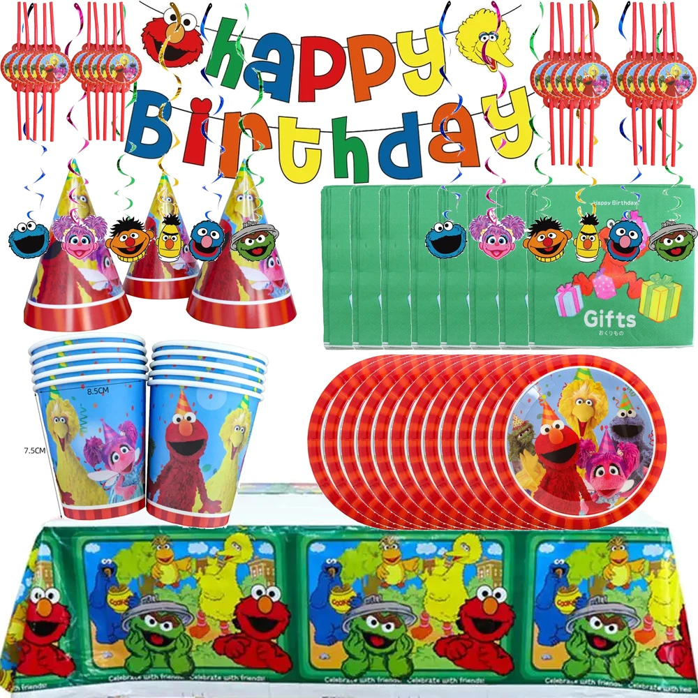 Cartoon Sesame Street Party Decorations Set Disposable Plates Cake Topper Balloons Tablecloth for Kids Birthday Supplies Baby