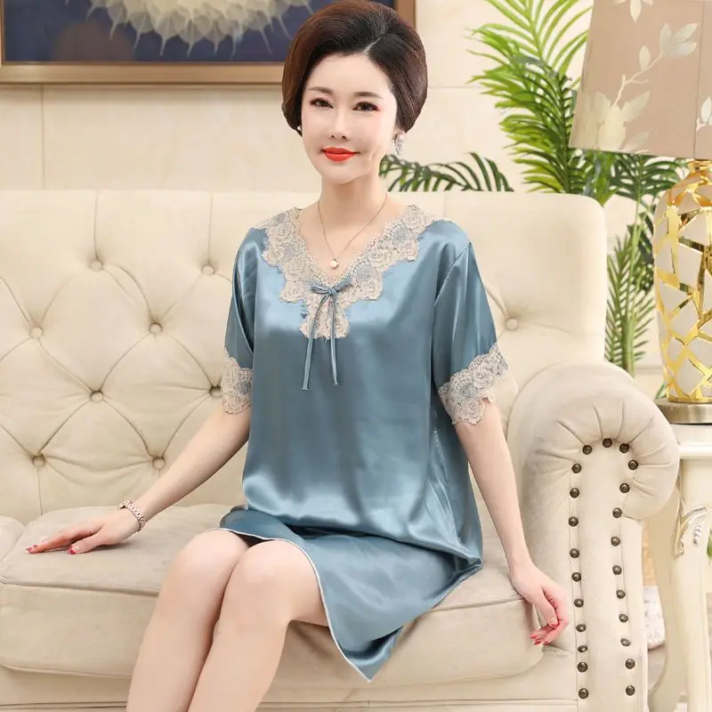 

New 2026 Ice Silk True Silk Thin Short Sleeve Summer Sleep Dress for Women Home Clothes Comfortable Breathable Lightweight