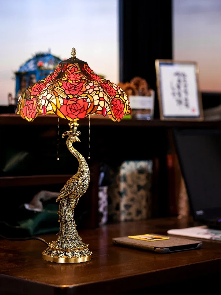 Desk lamp, all-copper peacock European American French retro creative bedside bedroom living room sofa corner art