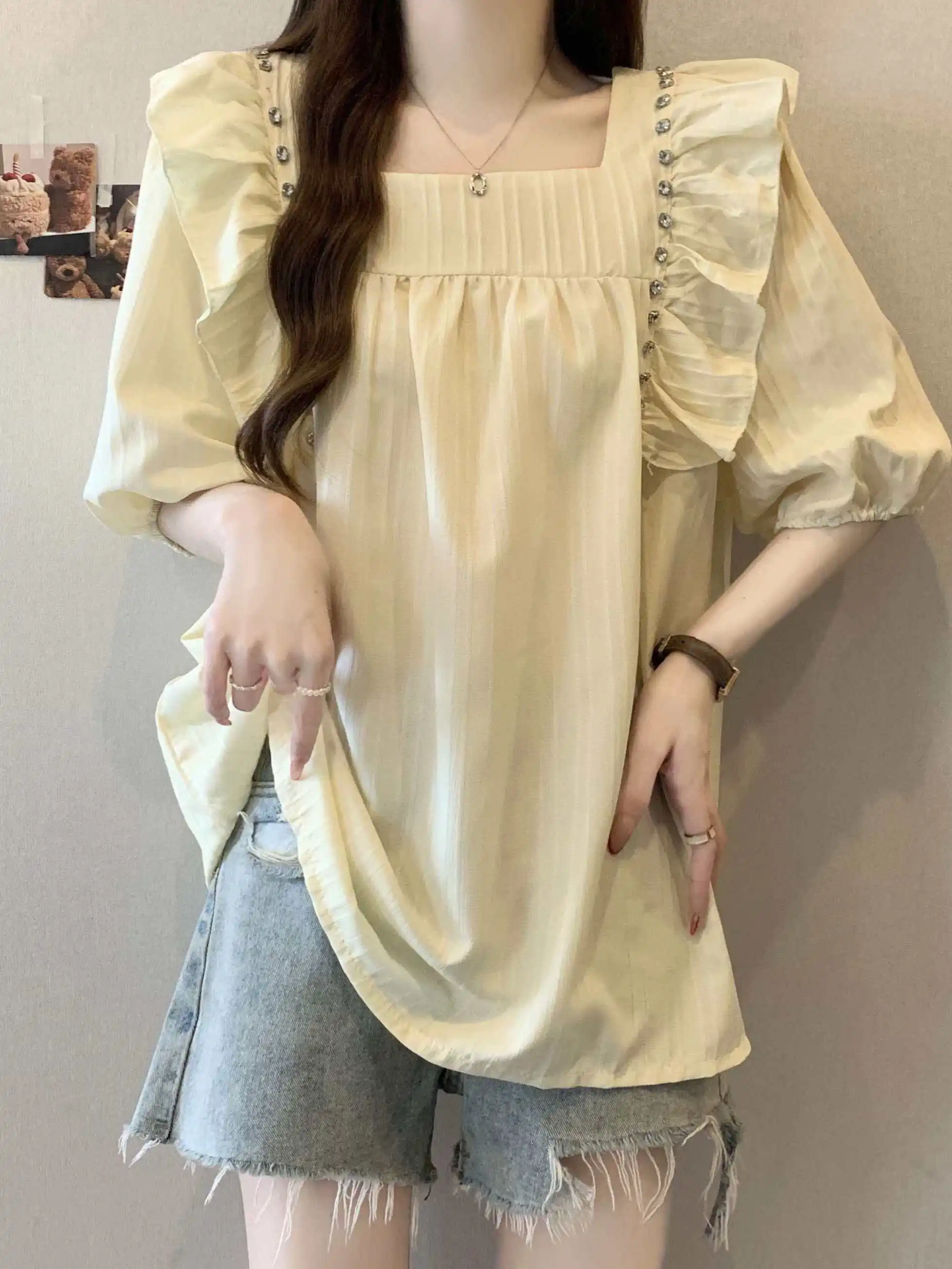 

plus Size Loose Fashion Square Neck Shiny Diamond Lace Shoulder Short Sleeve Sweet Young Summer Korean Style Top for Fat Women