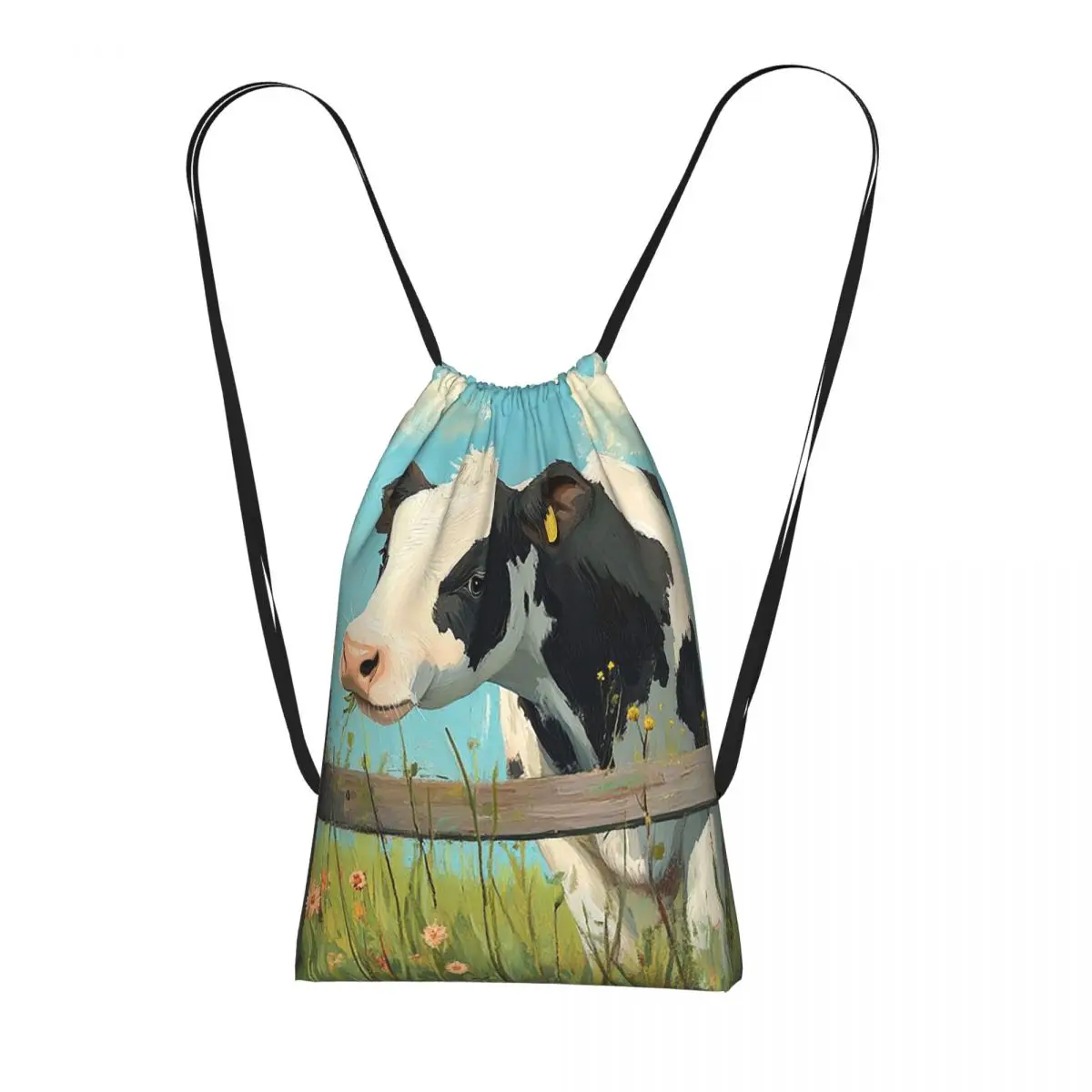 Cute Cow Fence Flower Pattern Backpacks Fashion Drawstring Bags Sports Bag Book Bags for Travel Students
