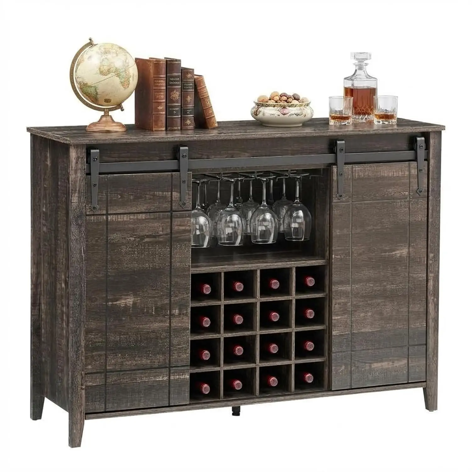 Coffee Bar Cabinet W/ Sliding Door Wine Glass Rack Large Buffet Sideboard For Dining Living Room Rustic Oak, Customized
