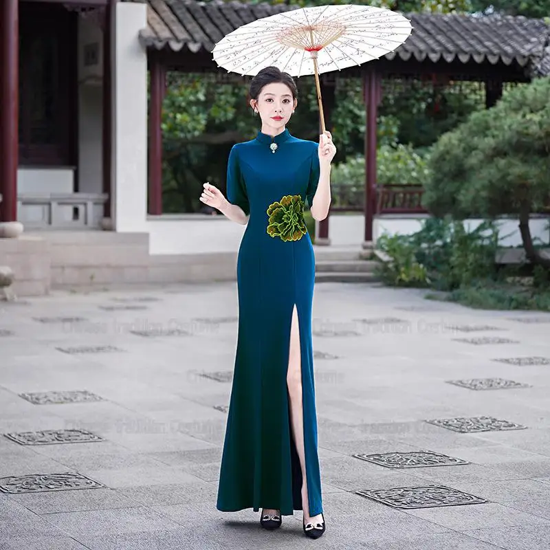 2025 عرض مسرحي جديد تشيباو حجم كبير 3Xl 4Xl 5Xl Chesongam سيدة مثير سبليت النمط الصيني فستان قصير الأكمام Vestidos رداء ثوب #2