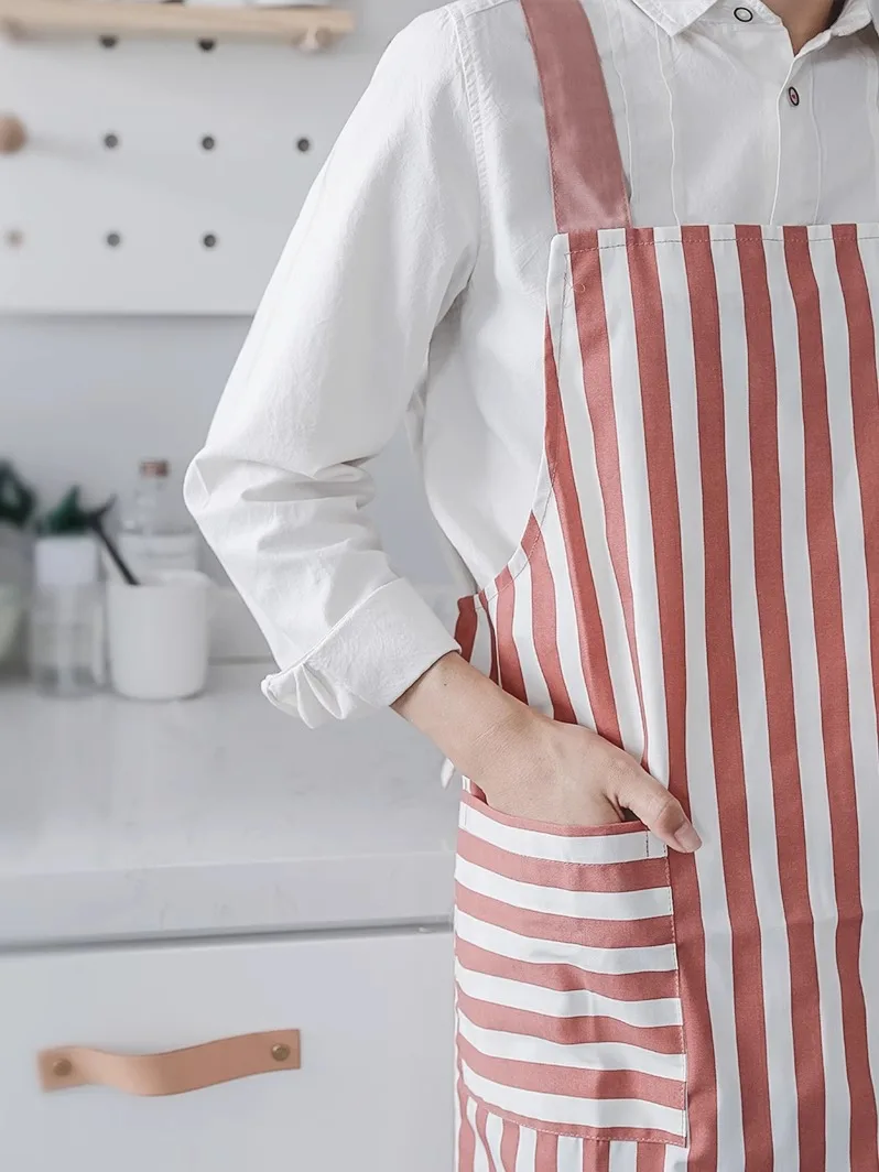 Summer Breathable Striped Cotton Kitchen Chef Apron with Pockets for Women Men Stain-resistant Smock for Cooking Baking Cleaning