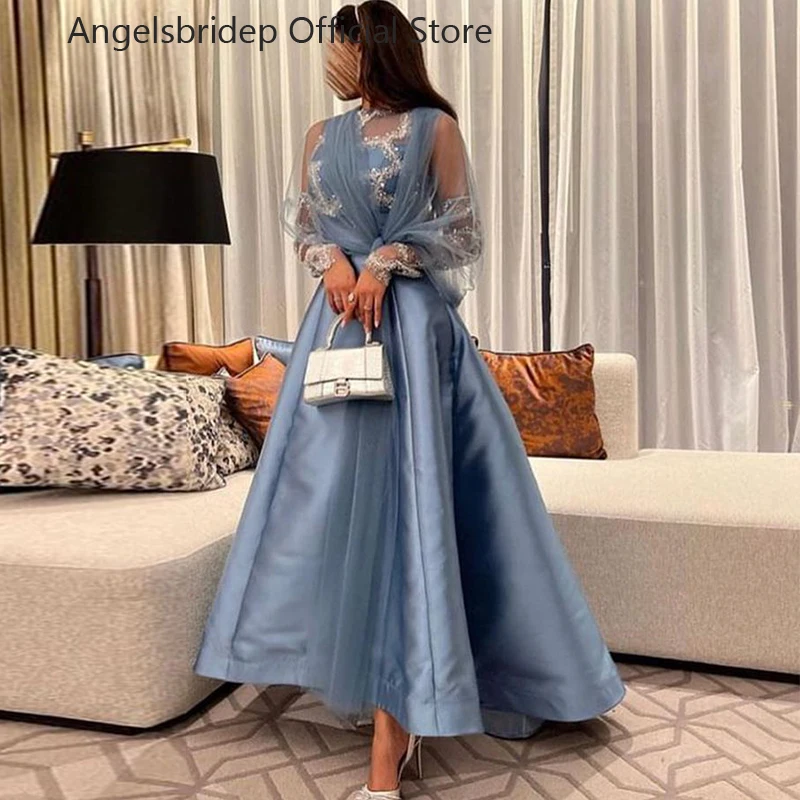 

Angelsbridep Illusion Long Sleeves A-line Evening Dresses Dusty Blue Elegant Robe De Soirée Formal Party Prom Gown for Women