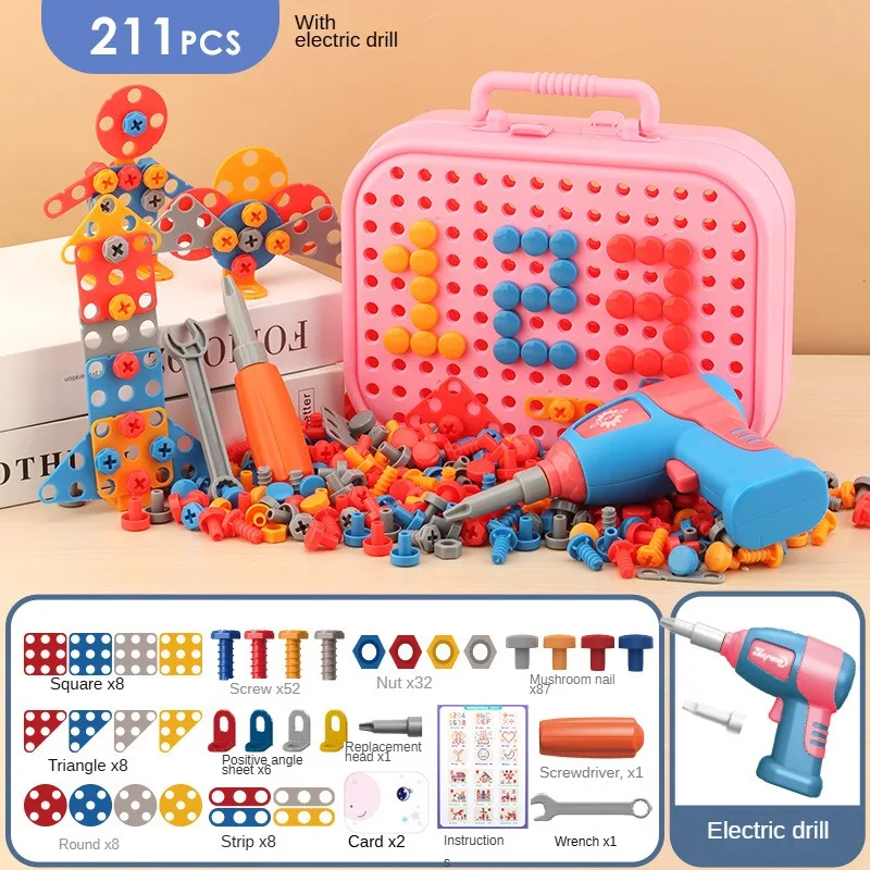 211PCS Kind Pretend Reparatie Toolbox DIY Assembleren Power Schroevendraaier Speelgoed Kit Creatieve Games Educatief Montessori Speelgoed voor Kinderen