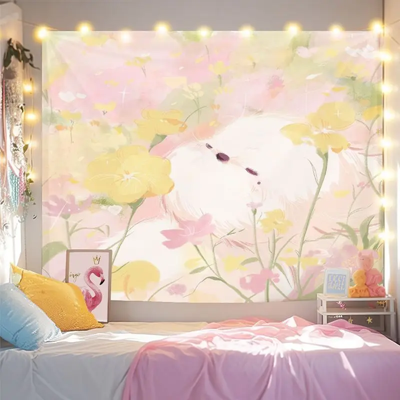 VIKAMA Pink Watercolor Cloud Puppy Tapestry, Dreamy Soft Cute White Puppy Star Wall Hanging for Bedroom Living Room Decor