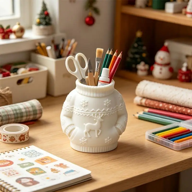 3D Printed Sweater Shaped Pen Holder Embossed Reindeer Snowflake Sturdy Stationery Storage for Student Study Desk Use