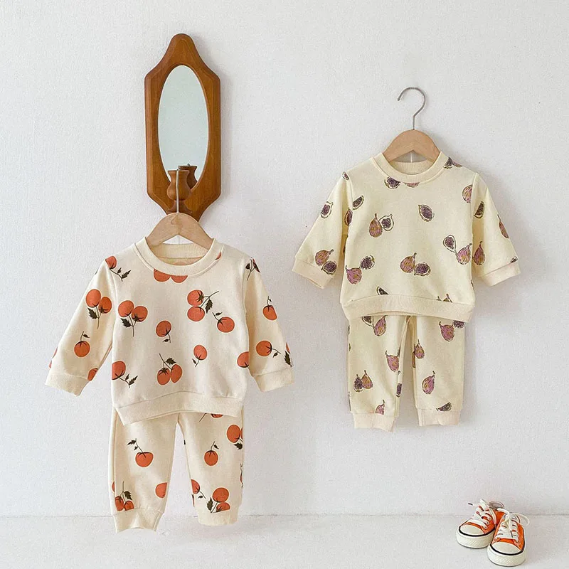 Kids Autumn Clothes Set Girls Cute Printing Fig Orange Pullover + Sweatpants 9M-4T Children Cartoon Loose Hoodie 2PCS