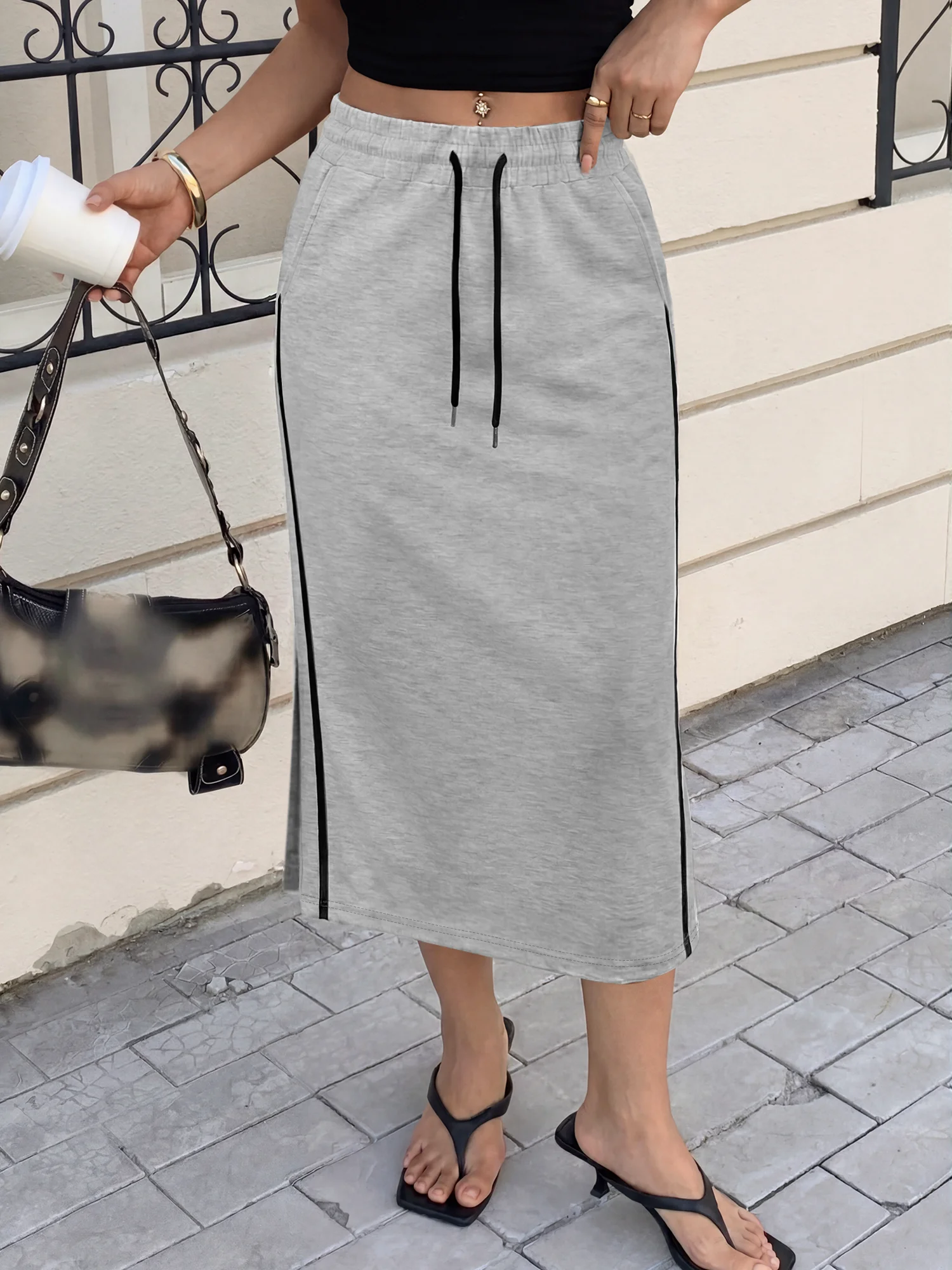 Stretch Jersey Long Skirt with Side Pockets, Sporty Tape Details, Gym Warm-up & Neighborhood Stroll Attire