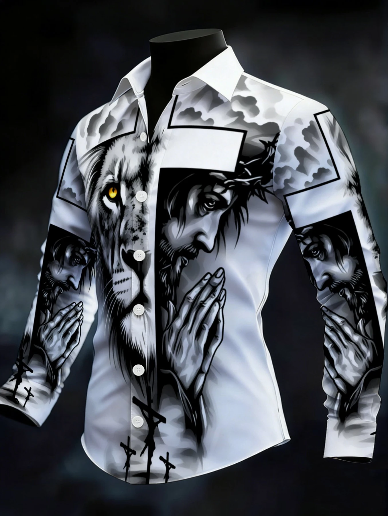 Men Lapel Collar Shirt Monochrome Tattoo‑Style Lion Jesus Cross Graphic Polyester Long‑Sleeve Top