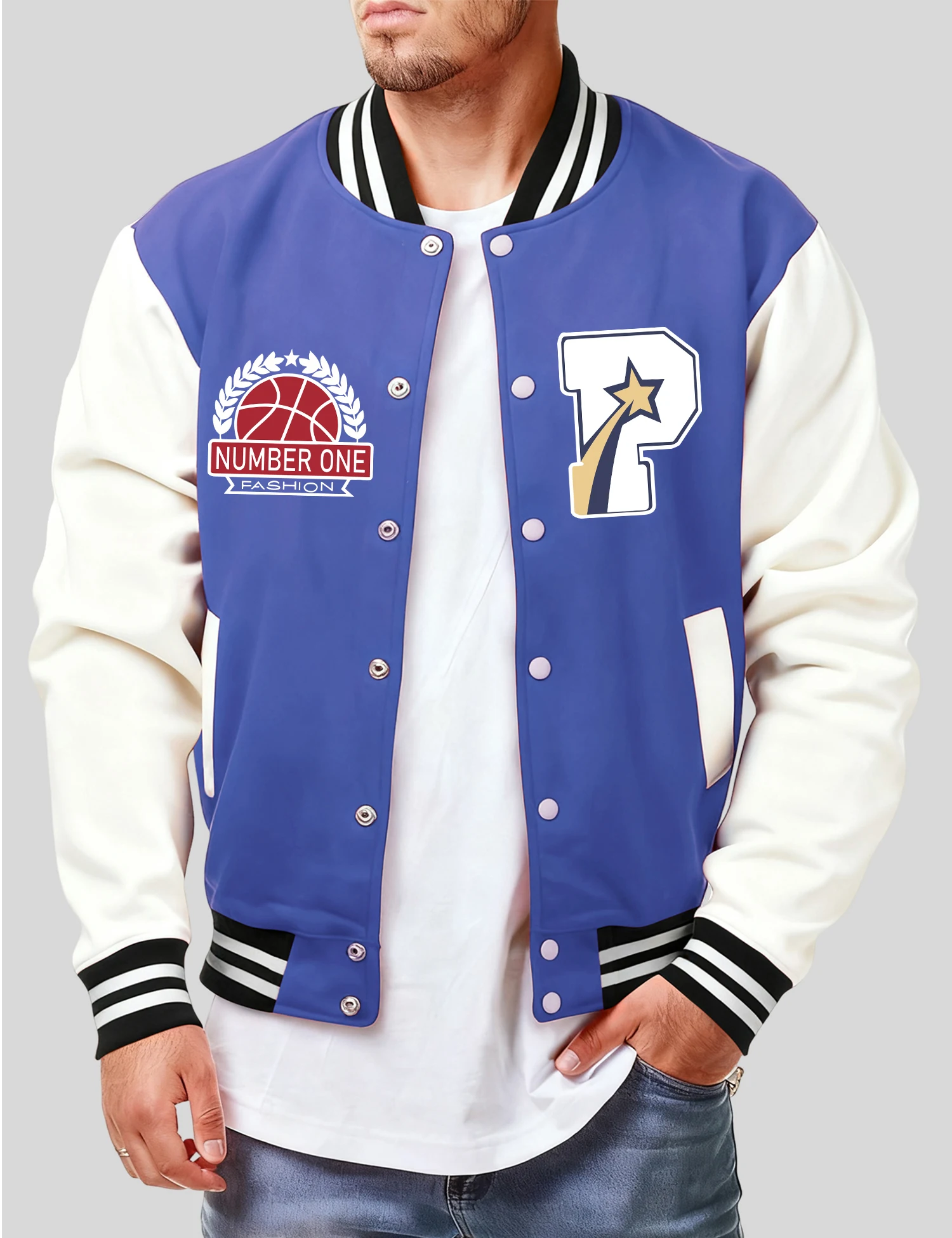 

Number One Fashion Letter P Print Baseball Jersey Men Hip Hop Casual Jacket Autumn Loose Coat Unisex Fleece All-Match Top