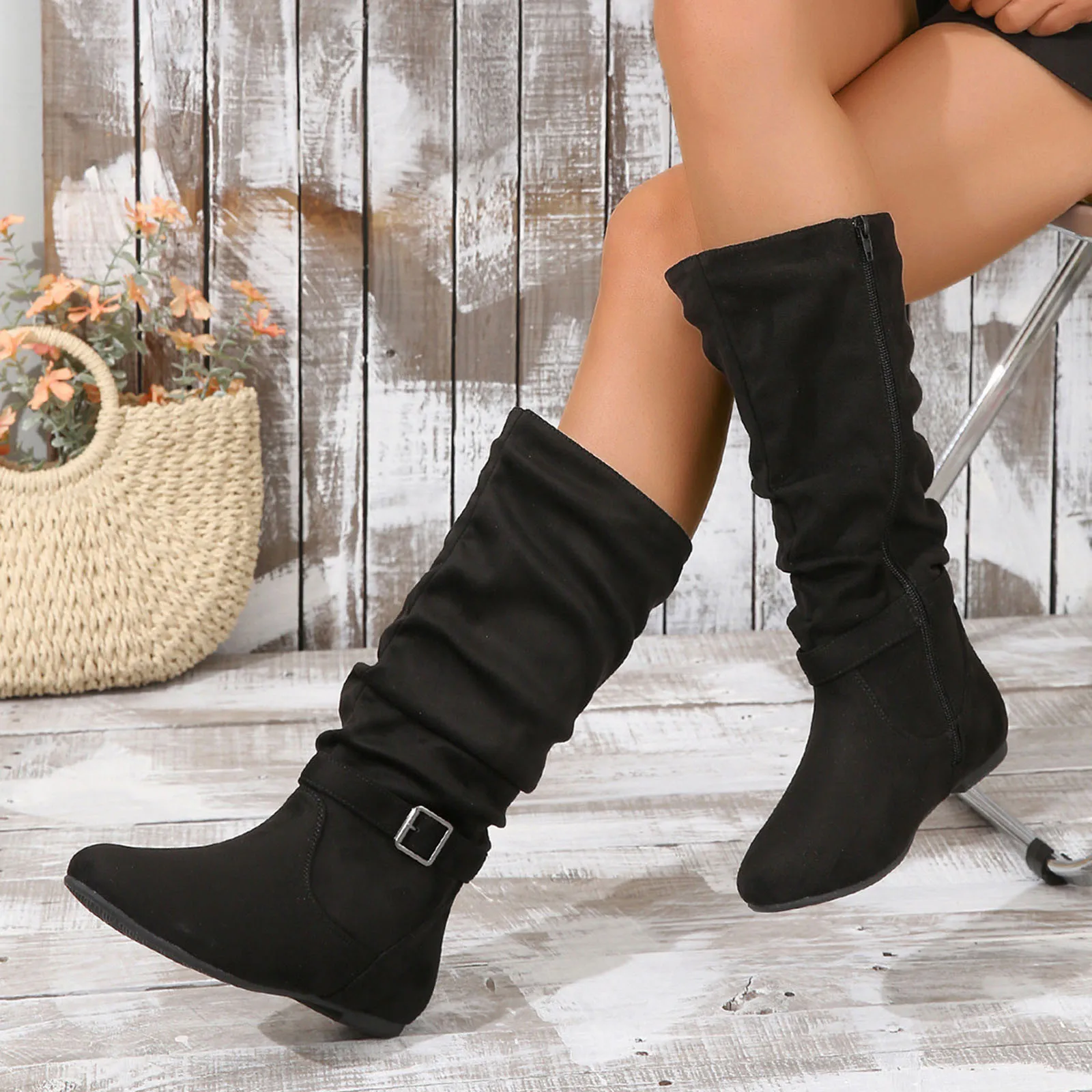 Women Shoes Solid Round Head Chunky Heel Sleeve Western Retro Mid Calf Leather Winter Boots Ladies Retro Platform Cowboy Boots