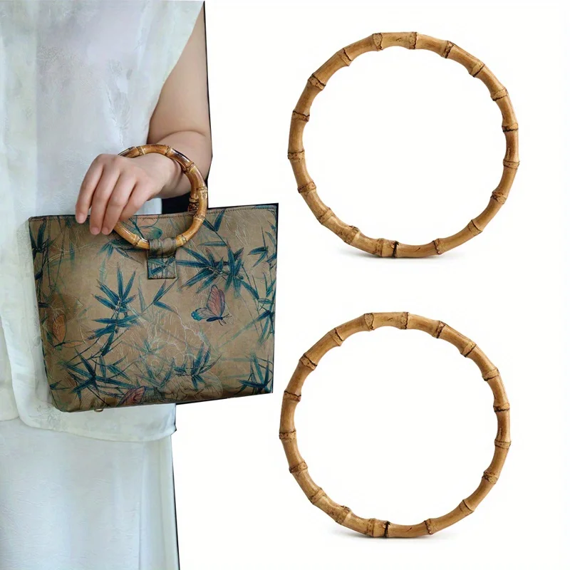 2PCS Flat Round Bamboo Bag Gift Handle DIY Accessories Round Bamboo Wallet Beach Crochet Bag Wedding Bouquet Handle