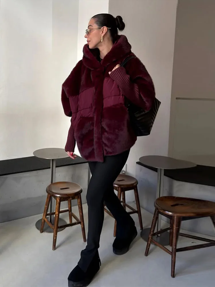 

Повседневное меховое вязаное лоскутное пальто с хлопковой подкладкой, женское теплое пальто с длинными рукавами и капюшоном, карманами, женское шикарное зимнее женское пальто 2025 г.