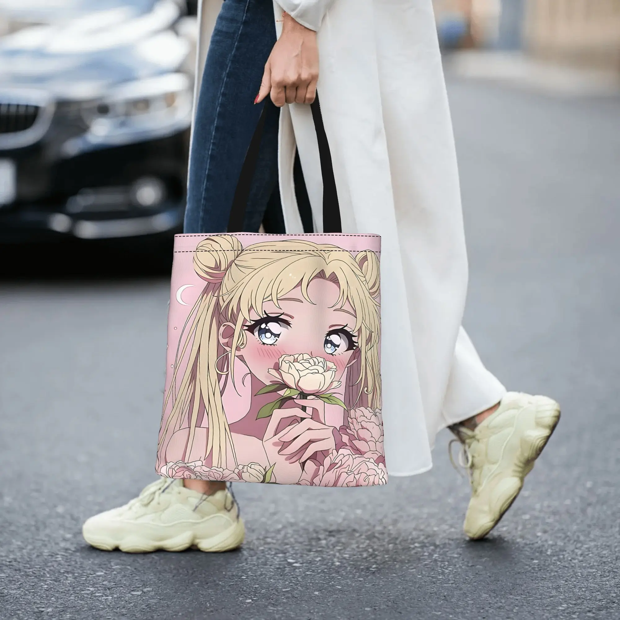 Customized Sailor Moon Women's Bag Shopping Bag Reusable Double Sided Canvas Tote Bag Shoulder  Handbag