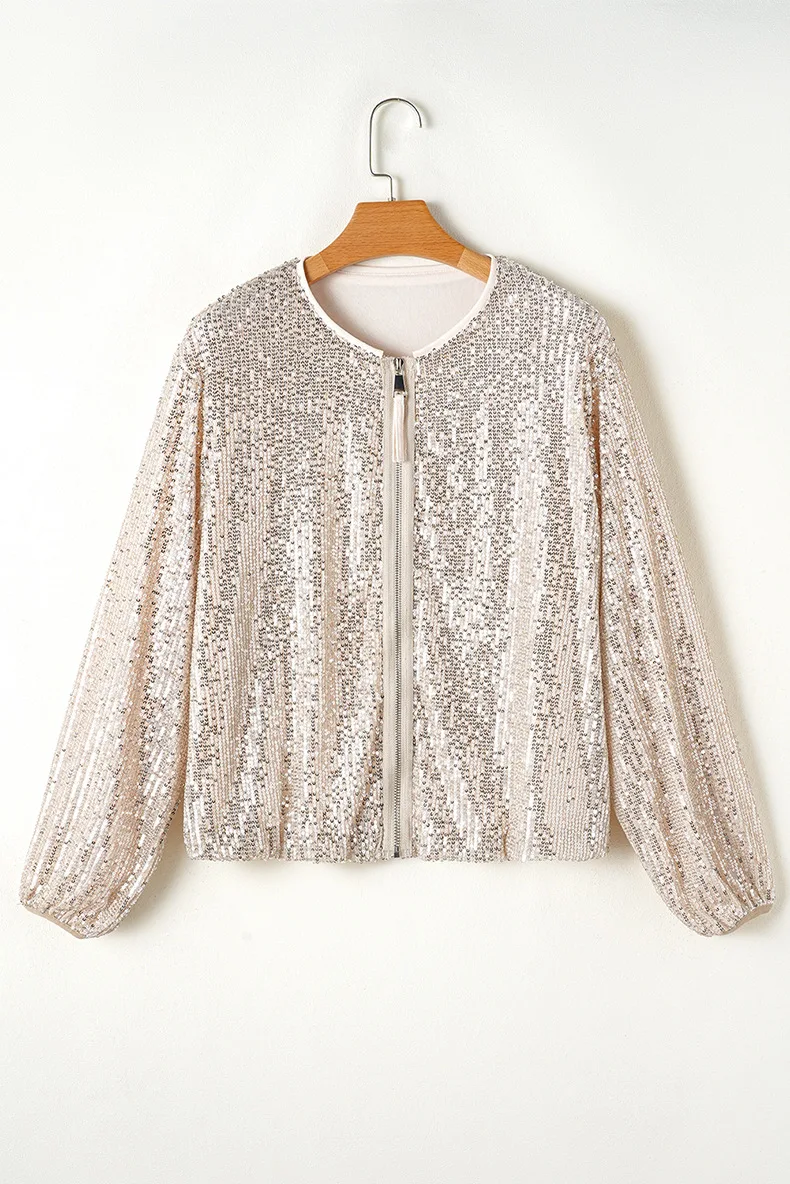 2024 Autumn New Solid Color Sequined Jacket For Women European And American Fashion Design Long Sleeve Zipper Jacket Tops