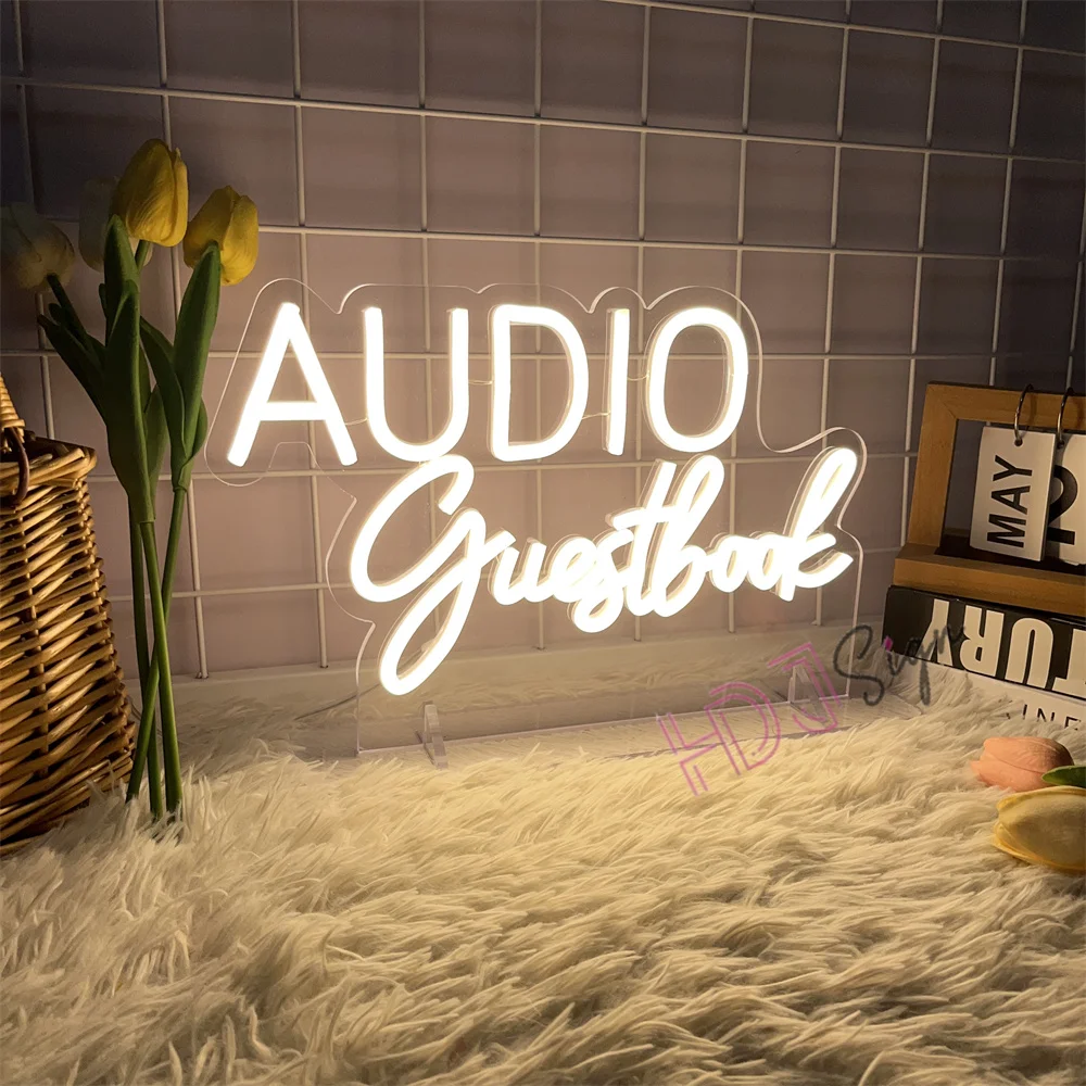 VIDEO Guestbook Audio Neon Sign Wedding Leave A Message LED Neon Signs Wall Decoration Wedding Table Light Sign Neon Bedroom USB view 3