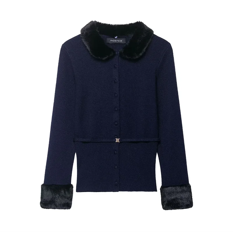 سترة نسائية 2025 الخريف نمط جديد الأزرق الداكن طويلة الأكمام فو الفراء تقليم الخصر مربوط سترة متماسكة قمة عصرية وأنيقة #1