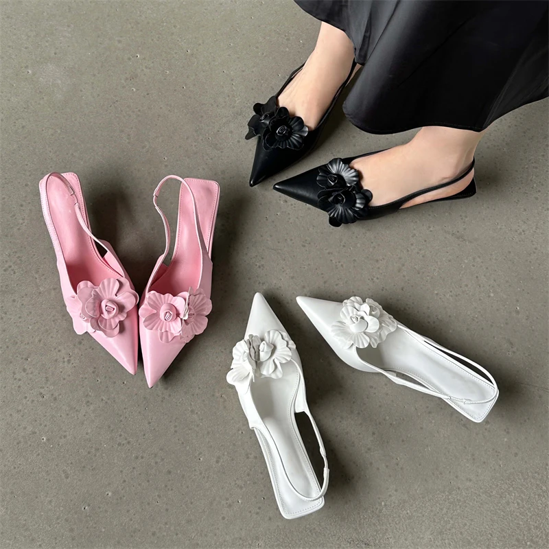 Eilyken Sexy Flower Pointed Toe Thin Low Heels Women Pumps Elegant Wedding Slingback Shoes Mules Zapatos De Mujer