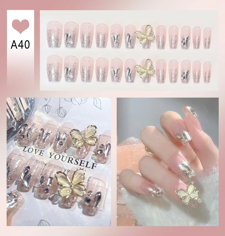 24Pcs Press on Nails French Mid-length Ballet Fake Nails Butterfly Rhinestone Removable Full Cover with Glue False Nail Tips