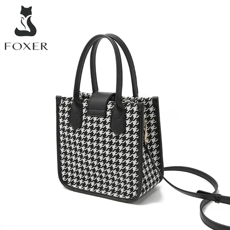 FOXER Summer Autumn Houndstooth Shoulder Messenger Bag High-Quality Simple Women\'s Small Handbag Bucket PU Leather Crossbody Bag