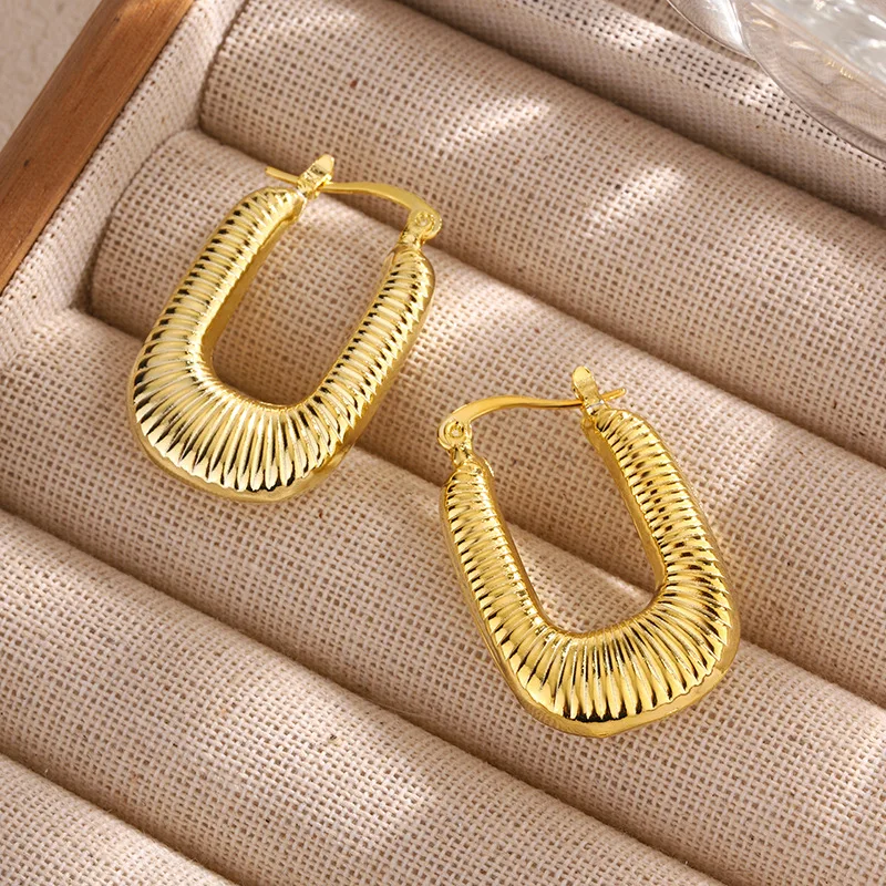 European and American light luxury personality rectangular copper polished earrings popular simple striped French earrings