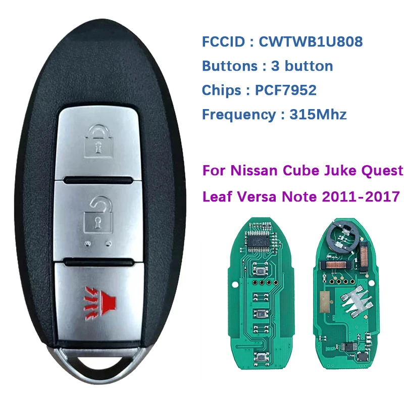 CN027087 Aftermarket 3 Button Key Remote Key 315Mhz PCF7952 Chip FCC CWTWB1U808 For Cube Juke Quest Leaf Versa Note 2011-2017