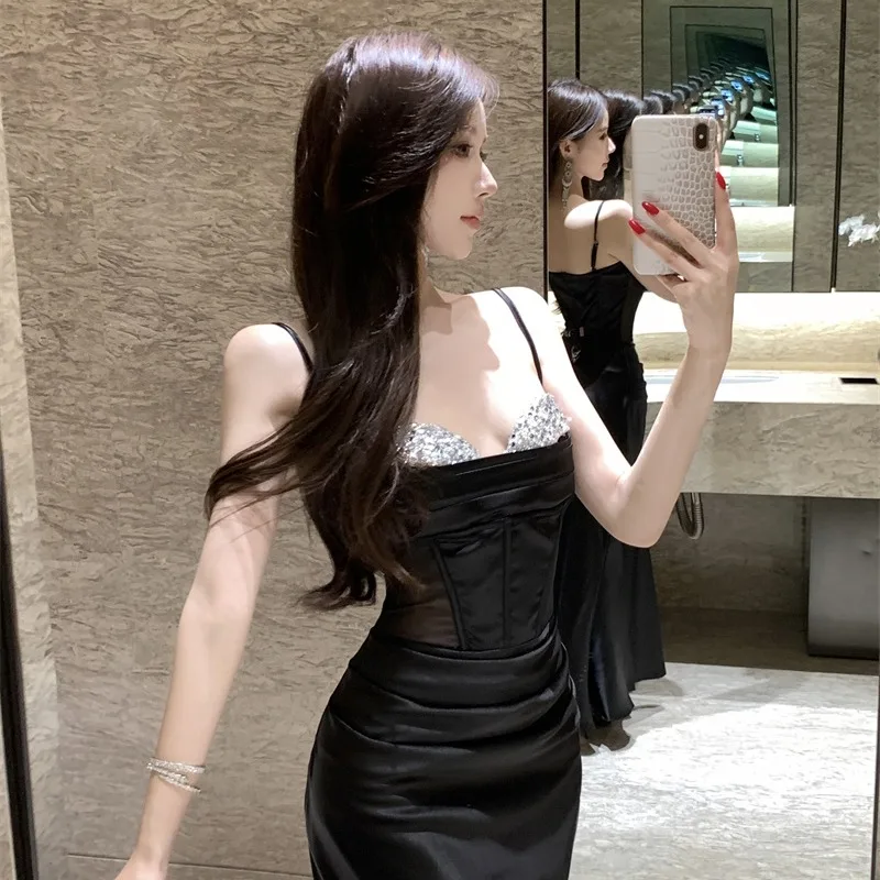 

Элегантное женское черное платье с открытыми плечами, длинная юбка, высокая талия, шифон, осенне-зимний сезон, костюм для женщин