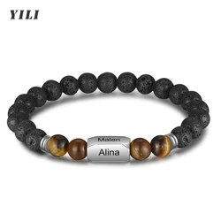 Personalized Stone Beads Bracelets for Men with Name Engraved Lava Beads Bracelet Tiger Eye Beads Custom Family Name Bracelet