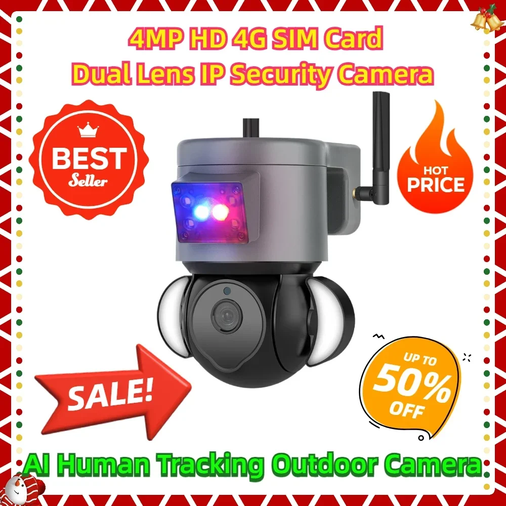 

4MP HD 4G SIM Card Dual Lens IP Security Camera PTZ Camera AI Human Tracking Outdoor Camera