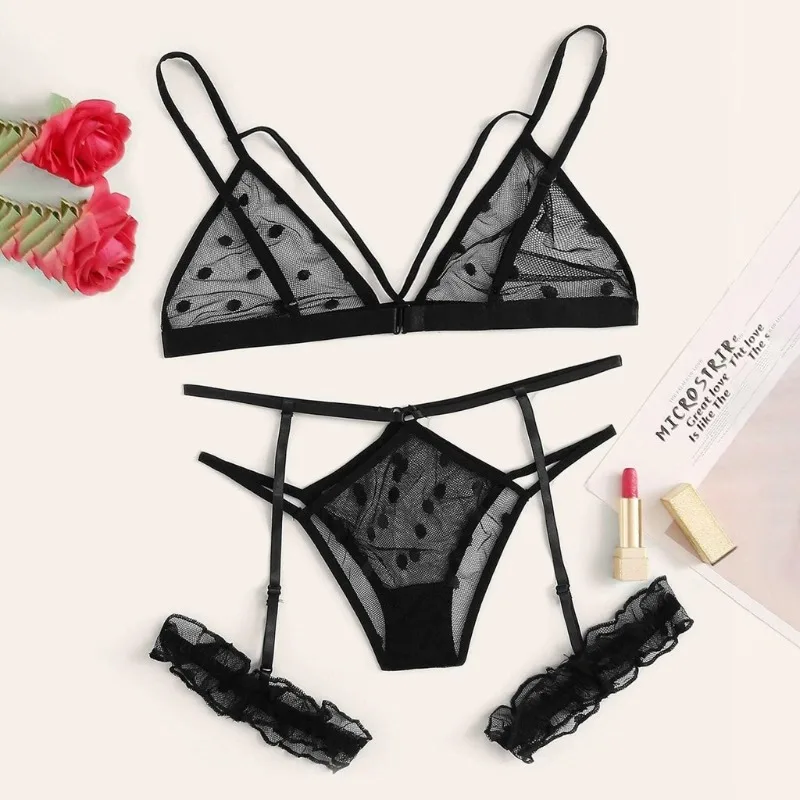 Perspective Lace Mesh Bra Set Women Plus Size Lace Lingerie Set Black Sexy Underwear Set Exotic Sleepwear Sexy Lingerine Outfit