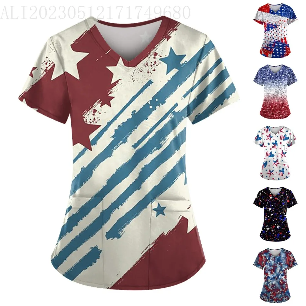 2024 Splash Print Nurse Uniform Fashion Workwear Uniform V-Neck Pocket Medical Uniforms Nursing Tops Working Clothes Tops Lady