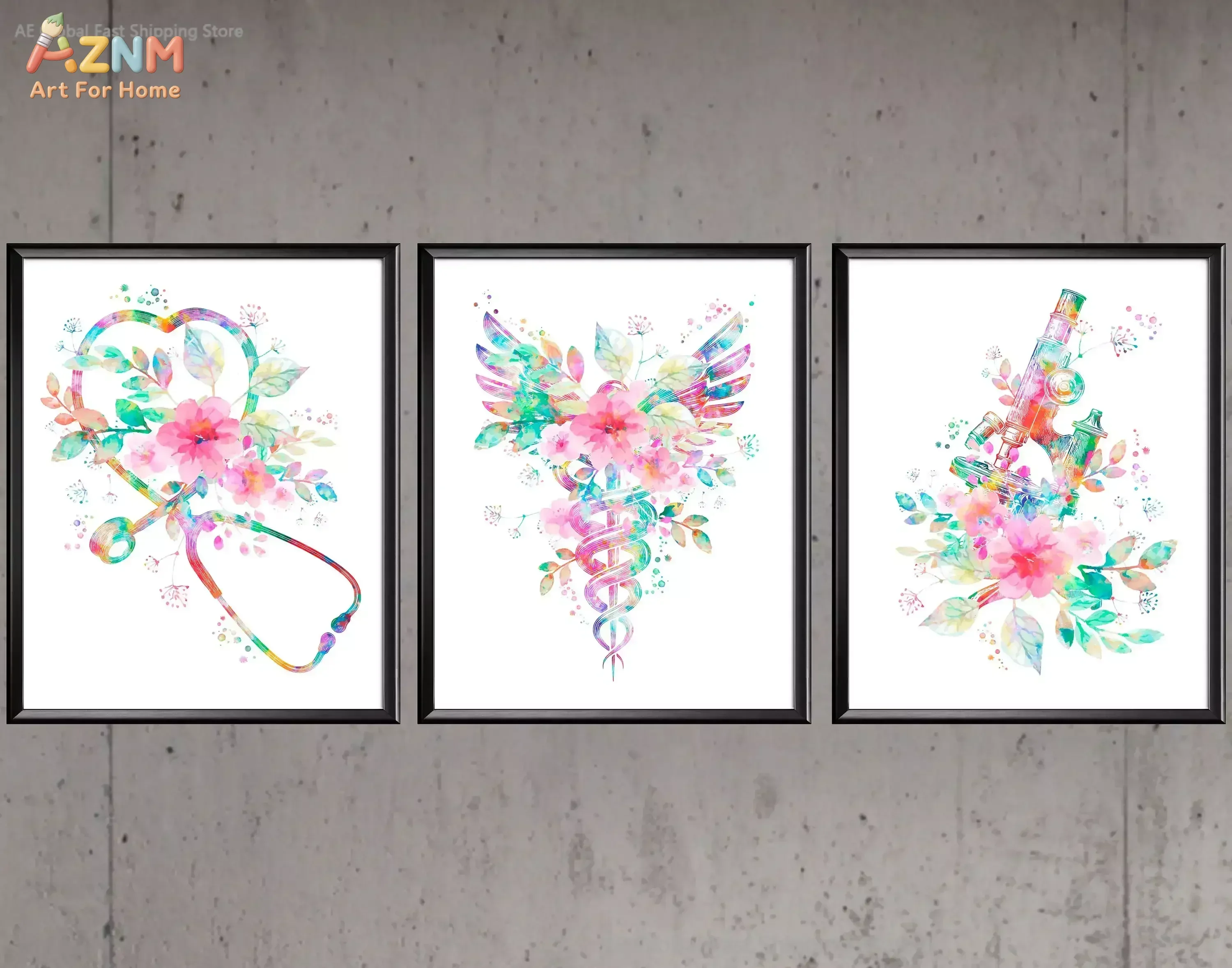 AZNM Watercolor Floral Heart Stethoscope Canvas Wall Art Colorful Anatomy Print Poster Nurse Doctor Office Decor Unframed Painti