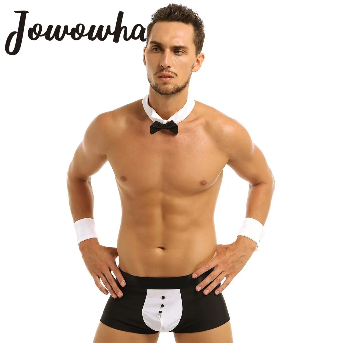 

Sexy Role Play Lingerie Set Men Waiter Tuxedo Uniform Costumes Boxer Briefs Underwear with Bow Tie Collar and Bracelets