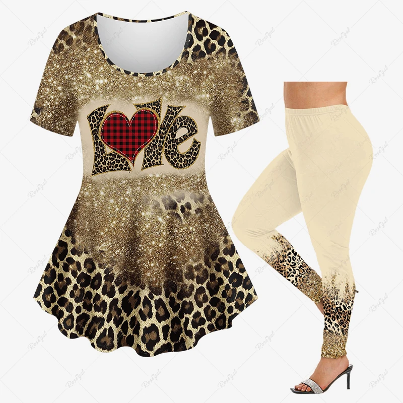 Valentine\'s Day Matching Set 3D Leopard Rose Flower Girl Bowknot Sunglasses Sparkling Sequin Print T-shirt Or Leggings Suit