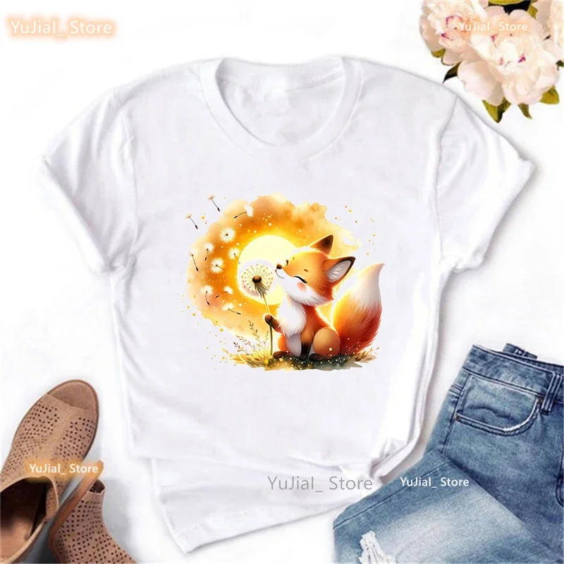 Watercolor Fox Wish Dandelion Animal Printed T Shirt Girls Kawaii Clothes Summer Fashion T-Shirt Women Harajuku Shirt