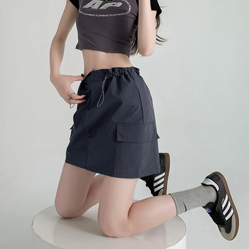 2025 American Retro Cargo Skirt Women Drawstring High Waist A Line Short Skirts Woman 2025 Summer Pocket Streetwear Skirt Female